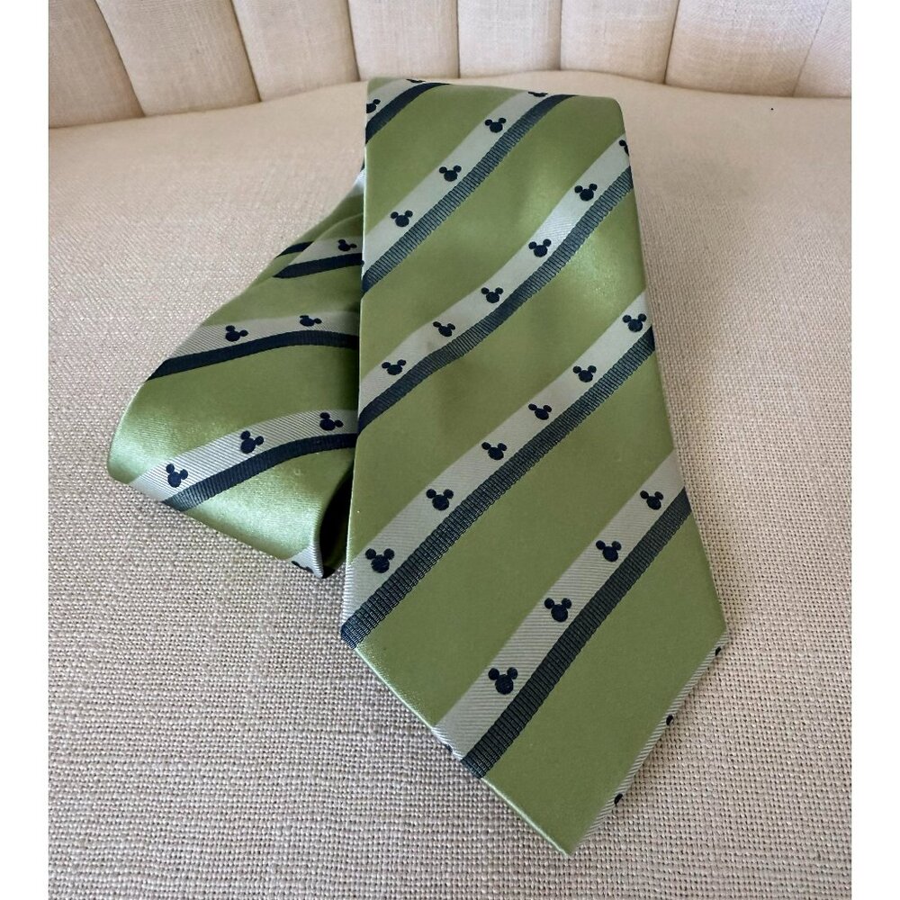 Disney Parks MICKEY Mouse green stripes 100% Silk Men's Neck Tie icon logo